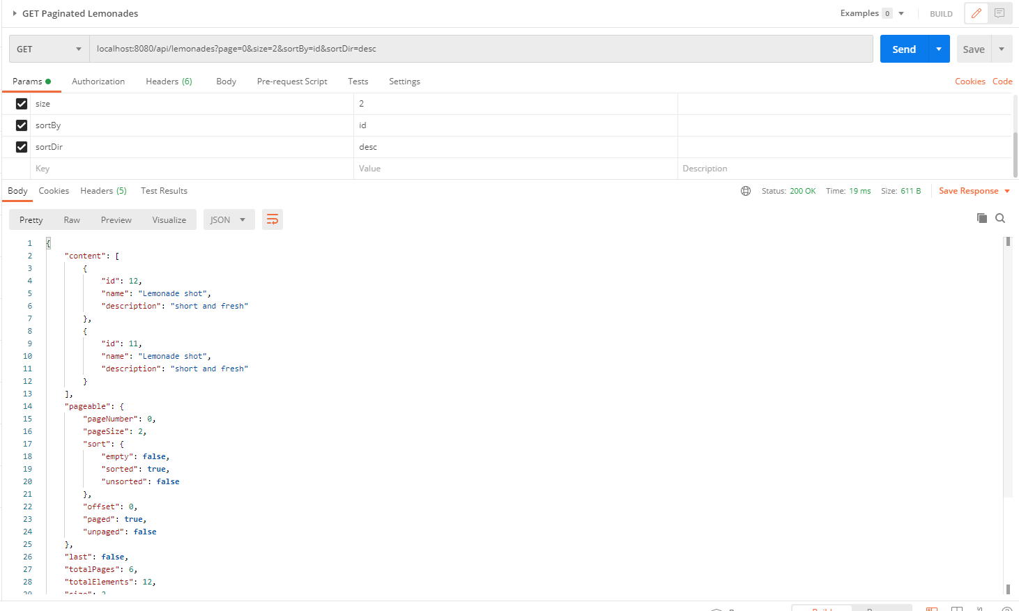 spring data pagination and sorting postman call